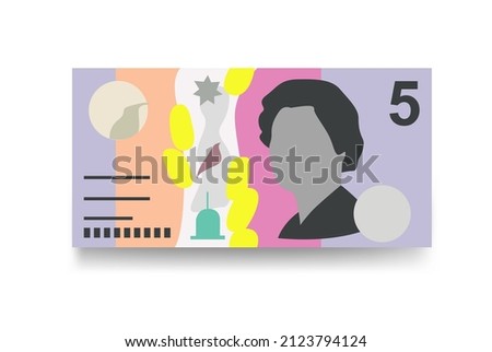 Australian Dollar Vector Illustration. Australia money set bundle banknotes. Paper money 5 AUD. Flat style. Isolated on white background. Simple minimal design.