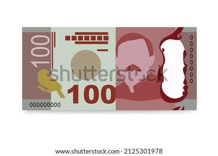 New Zealand Dollar Vector Illustration. New Zealand money set bundle banknotes. Paper money 100 NZD. Flat style. Isolated on white background. Simple minimal design.