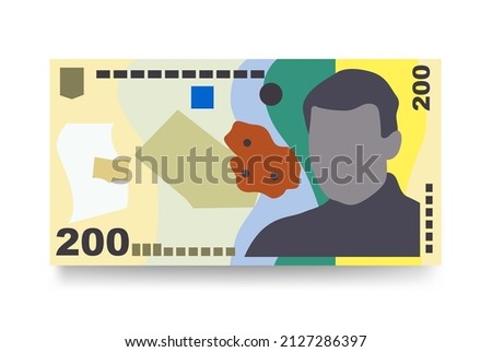 Romanian Leu Vector Illustration. Romania money set bundle banknotes. Paper money 200 RON. Flat style. Isolated on white background. Simple minimal design.