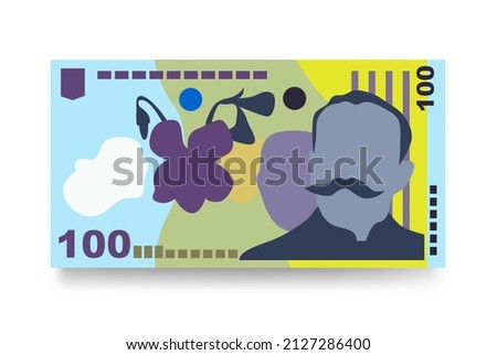 Romanian Leu Vector Illustration. Romania money set bundle banknotes. Paper money 100 RON. Flat style. Isolated on white background. Simple minimal design.