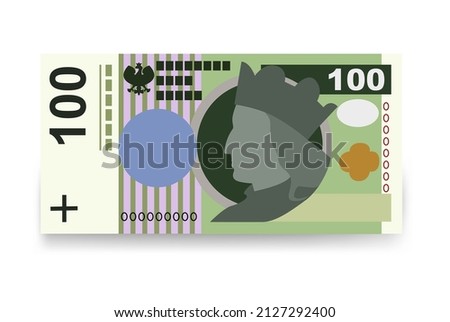 Polish Zloty Vector Illustration. Poland money set bundle banknotes. Paper money 100 PLN. Flat style. Isolated on white background. Simple minimal design.