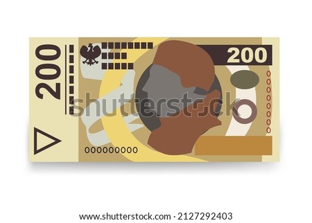 Polish Zloty Vector Illustration. Poland money set bundle banknotes. Paper money 200 PLN. Flat style. Isolated on white background. Simple minimal design.