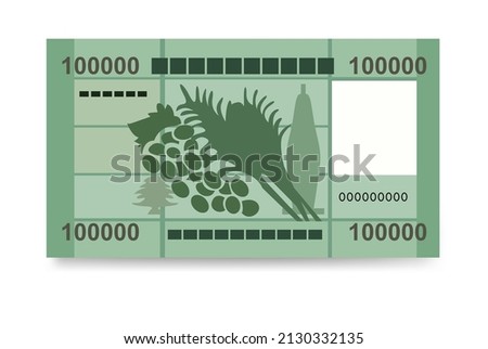 Lebanese Pound Vector Illustration. Lebanon money set bundle banknotes. Paper money 100000 LBP. Flat style. Isolated on white background. Simple minimal design.