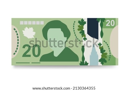 Canadian Dollar Vector Illustration. Canada money set bundle banknotes. Polymeric money 20 CAD. Flat style. Isolated on white background. Simple minimal design.