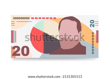 Georgian Lari Japan Yen Vector Illustration. Georgia money set bundle banknotes. Paper money 20 GEL. Flat style. Isolated on white background. Simple minimal design.