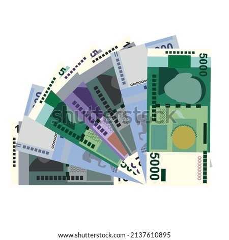 Kyrgyz som Vector Illustration. Kyrgyzstan money set bundle banknotes. Paper money 500, 1000, 2000, 5000 som. Flat style. Isolated on white background. Simple minimal design.