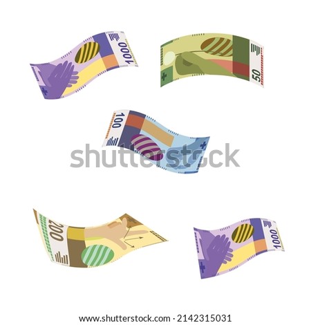 Swiss Franc Vector Illustration. Switzerland, Liechtenstein money set bundle banknotes. Falling, flying money 50, 100, 200, 1000 fr. Flat style. Isolated on white background. Simple minimal design.