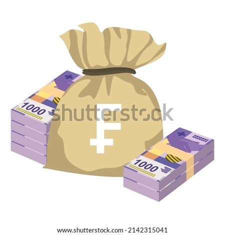 Swiss Franc Vector Illustration. Switzerland, Liechtenstein money set bundle banknotes. Money bag 1000 fr. Flat style. Isolated on white background. Simple minimal design.