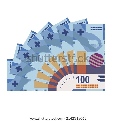 Swiss Franc Vector Illustration. Switzerland, Liechtenstein money set bundle banknotes. Paper money 100 fr. Flat style. Isolated on white background. Simple minimal design.