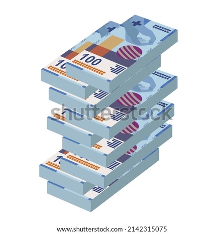Swiss Franc Vector Illustration. Switzerland, Liechtenstein money set bundle banknotes. Paper money 100 fr. Flat style. Isolated on white background. Simple minimal design.