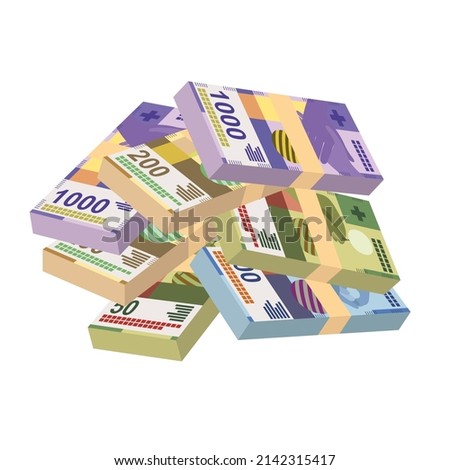 Swiss Franc Vector Illustration. Switzerland, Liechtenstein money set bundle banknotes. Paper money 50, 100, 200, 1000 fr. Flat style. Isolated on white background. Simple minimal design.