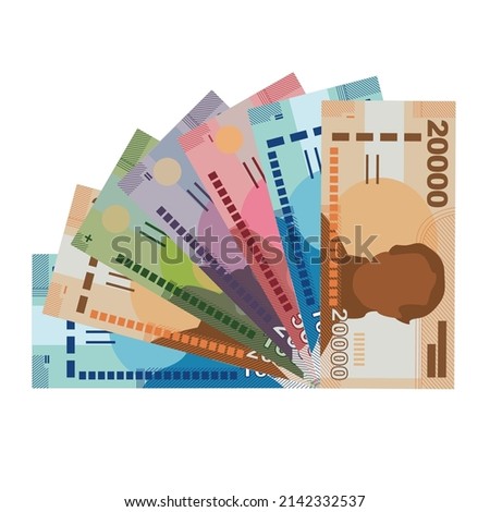 Chilean Peso Vector Illustration. Chile money set bundle banknotes. Paper money 1000, 2000, 5000, 10000, 20000 CLP.  Flat style. Isolated on white background. Simple minimal design.