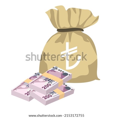 Turkish Lira Vector Illustration. Turkey money set bundle banknotes. Money bag 200 TRY. Flat style. Isolated on white background. Simple minimal design.