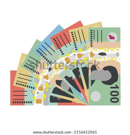 Australian Dollar Vector Illustration. Australia money set bundle banknotes. Paper money 10, 20, 50, 100 AUD. Flat style. Isolated on white background. Simple minimal design.