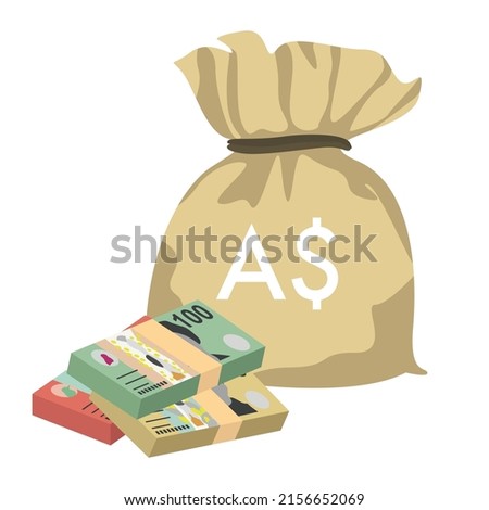 Australian Dollar Vector Illustration. Australia money set bundle banknotes. Money bag 20, 50, 100 AUD. Flat style. Isolated on white background. Simple minimal design.