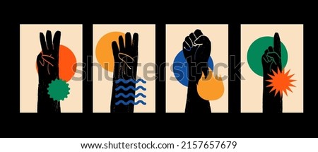 Abstract poster collection with hands. Ink graphic with geometrical shapes on back. Label or poster, price tag. Simple, flat design. Patterns and backgrounds. For poster, cover, banner.