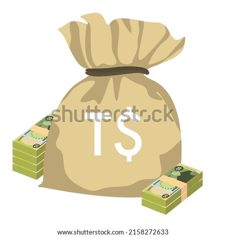 Tongan pa’anga Vector Illustration. Tonga paanga money set bundle banknotes. Money bag 50 TOP. Flat style. Isolated on white background. Simple minimal design.