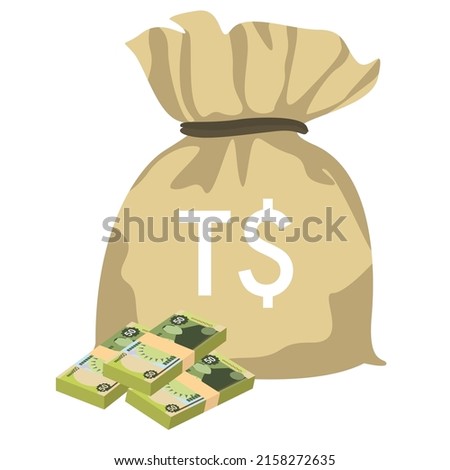 Tongan pa’anga Vector Illustration. Tonga paanga money set bundle banknotes. Money bag 50 TOP. Flat style. Isolated on white background. Simple minimal design.
