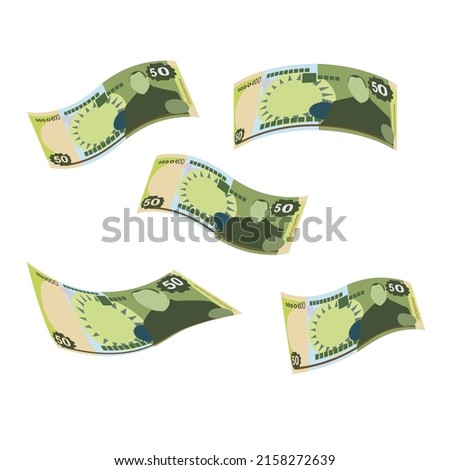 Tongan pa’anga Vector Illustration. Tonga paanga money set bundle banknotes. Falling, flying money 50 TOP. Flat style. Isolated on white background. Simple minimal design.