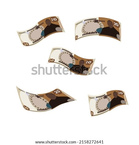 Tongan pa’anga Vector Illustration. Tonga paanga money set bundle banknotes. Falling, flying money 20 TOP. Flat style. Isolated on white background. Simple minimal design.