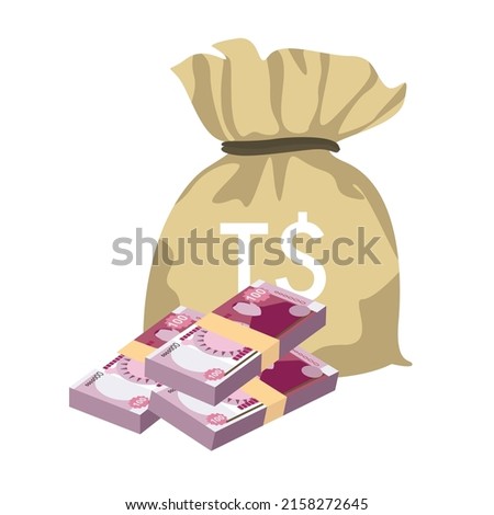 Tongan pa’anga Vector Illustration. Tonga paanga money set bundle banknotes. Money bag 100 TOP. Flat style. Isolated on white background. Simple minimal design.