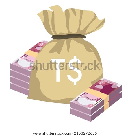 Tongan pa’anga Vector Illustration. Tonga paanga money set bundle banknotes. Money bag 100 TOP. Flat style. Isolated on white background. Simple minimal design.
