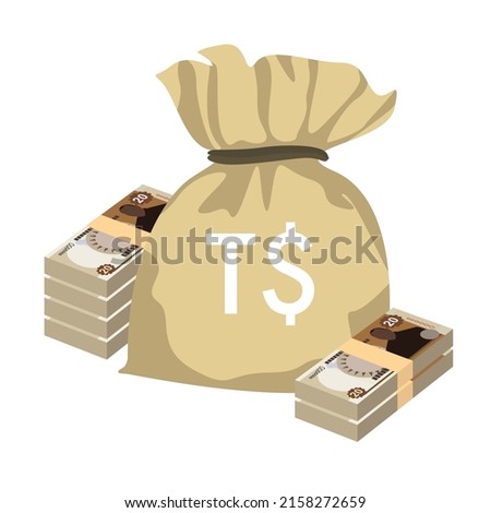 Tongan pa’anga Vector Illustration. Tonga paanga money set bundle banknotes. Money bag 20 TOP. Flat style. Isolated on white background. Simple minimal design.