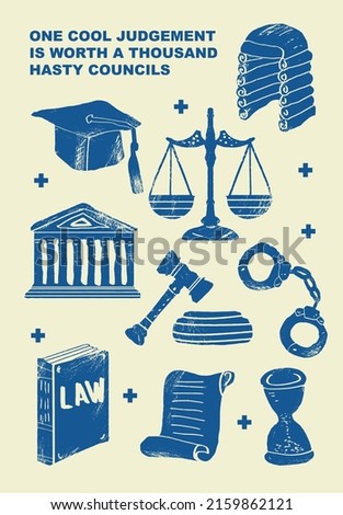 Hourglass, courthouse, headdress, handcuffs, constitution, book, scales, mallet, judge's gavel. Concept of law justice. Set of posters of jurisprudence in a abstract draw design.