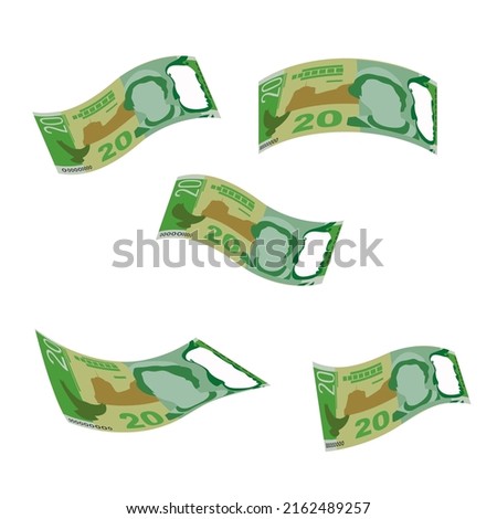 New Zealand Dollar Vector Illustration. New Zealand money set bundle banknotes. Falling, flying money 20 NZD. Flat style. Isolated on white background. Simple minimal design.