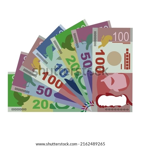 New Zealand Dollar Vector Illustration. New Zealand money set bundle banknotes. Paper money 10, 20, 50, 100 NZD. Flat style. Isolated on white background. Simple minimal design.