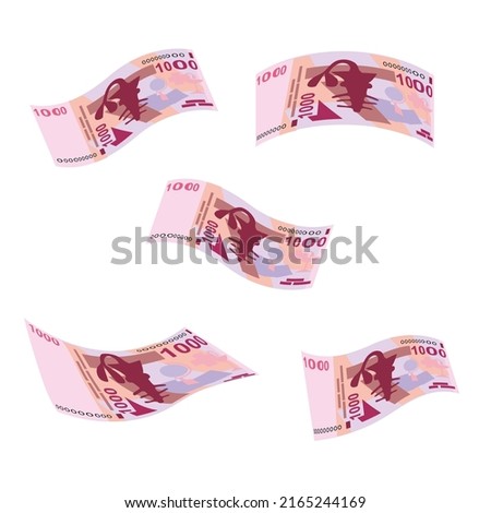 CFA Franc BCEAO Vector Illustration. West African Frank money set bundle banknotes. Falling, flying money 1000 Fr. Flat style. Isolated on white background. Simple minimal design.