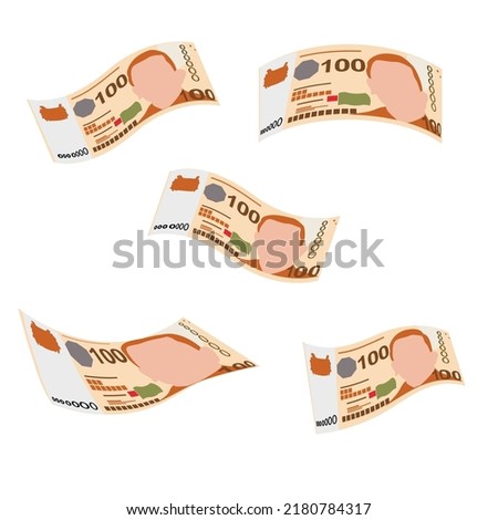 Singaporean Dollar Vector Illustration. Singapore, Brunei money set bundle banknotes. Falling, flying money 100 SGD. Flat style. Isolated on white background. Simple design.