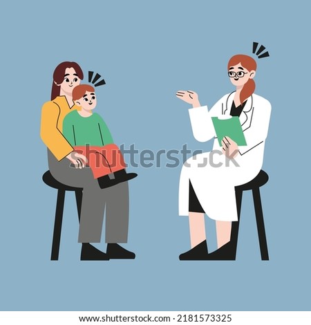 At the reception at the pediatrician. The doctor talking to woman and kid who sits in on her mother's lap. Flat drawn style vector design illustrations.