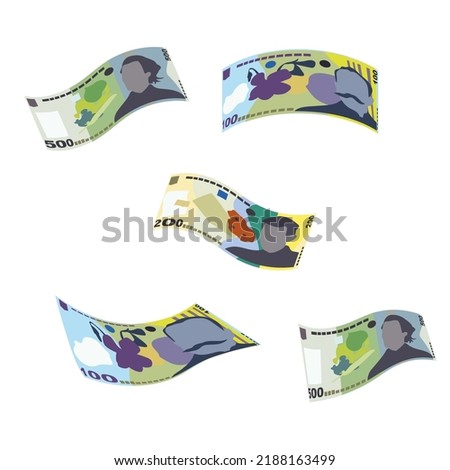 Romanian Leu Vector Illustration. Romania money set bundle banknotes. Falling, flying money 50, 100, 200, 500 RON. Flat style. Isolated on white background. Simple minimal design.