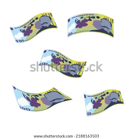 Romanian Leu Vector Illustration. Romania money set bundle banknotes. Falling, flying money 100 RON. Flat style. Isolated on white background. Simple minimal design.