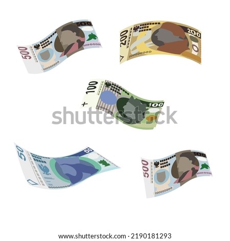 Polish Zloty Vector Illustration. Poland money set bundle banknotes. Falling, flying money 50, 100, 200, 500 PLN. Flat style. Isolated on white background. Simple minimal design.