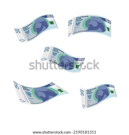 Polish Zloty Vector Illustration. Poland money set bundle banknotes. Falling, flying money 50 PLN. Flat style. Isolated on white background. Simple minimal design.