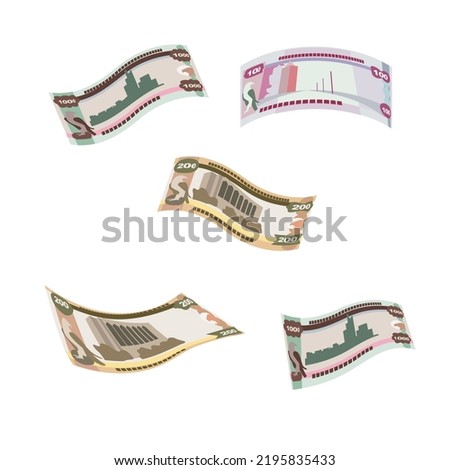 UAE Dirham Vector Illustration. United Arab Emirates money set bundle banknotes. Falling, flying money 100, 200, 1000 AED. Flat style. Isolated on white background. Simple minimal design.