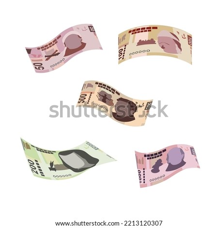 Mexican peso Vector Illustration. Mexico money set bundle banknotes. Falling, flying money 50, 100, 200, 500, 1000 MXN. Flat style. Isolated on white background. Simple minimal design.