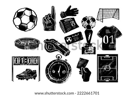 Association football or soccer engraving, ink set. Vector drawing isolated on white background