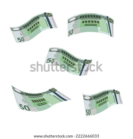 Libyan Dinar Vector Illustration. Libya money set bundle banknotes. Falling, flying money 50 LYD. Flat style. Isolated on white background. Simple minimal design.