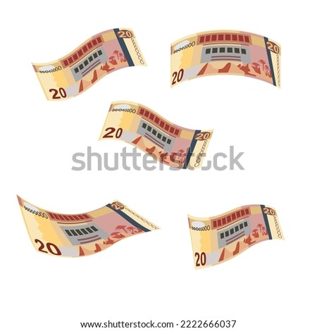 Libyan Dinar Vector Illustration. Libya money set bundle banknotes. Falling, flying money 20 LYD. Flat style. Isolated on white background. Simple minimal design.