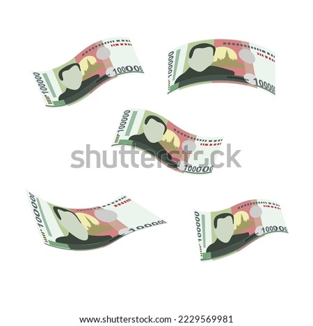 Lao Kip Vector Illustration. Laos money set bundle banknotes. Falling, flying money 100000 LAK. Flat style. Isolated on white background. Simple minimal design.