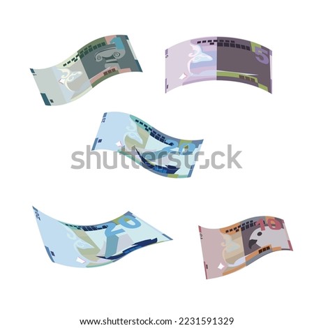 Kuwaiti Dinar Vector Illustration. Kuwait money set bundle banknotes. Falling, flying money 1, 5, 10, 20 KWD Flat style. Isolated on white background. Simple minimal design.