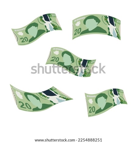 Canadian Dollar Vector Illustration. Canada money set bundle banknotes. Falling, flying money 20 CAD. Flat style. Isolated on white background. Simple minimal design.