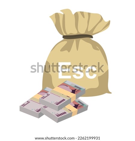 Cabo Verde Escudo Vector Illustration. West African money set bundle banknotes. Money bag 5000 CVE. Flat style. Isolated on white background. Simple minimal design.