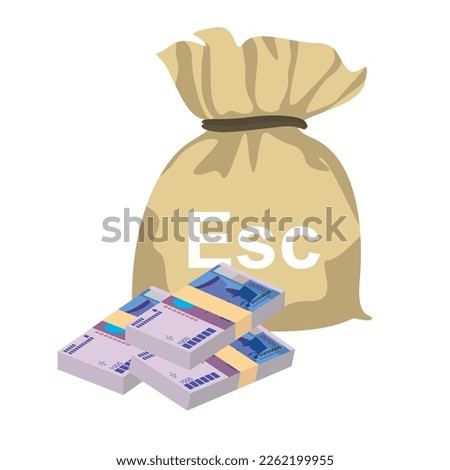 Cabo Verde Escudo Vector Illustration. West African money set bundle banknotes. Money bag 1000 CVE. Flat style. Isolated on white background. Simple minimal design.