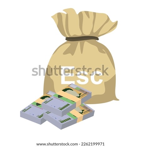 Cabo Verde Escudo Vector Illustration. West African money set bundle banknotes. Money bag 500 CVE. Flat style. Isolated on white background. Simple minimal design.