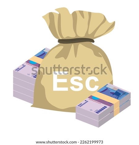 Cabo Verde Escudo Vector Illustration. West African money set bundle banknotes. Money bag 1000 CVE. Flat style. Isolated on white background. Simple minimal design.