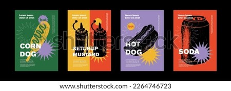 Corn dog, ketchup, mustard, hotdog, soda. Price tag or poster design. Set of vector illustrations. Typography. Vintage pencil sketch. Engraving style. Labels, cover, t-shirt print, painting.